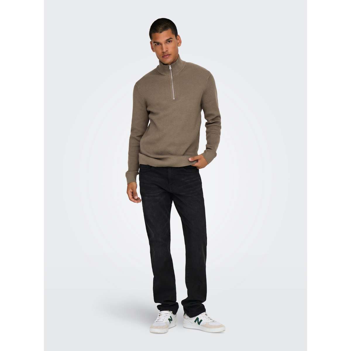 ONLY & SONS MEN΄S REGULAR FIT COTTON PHIL STRUCTURE HALF ZIP KNIT TAUPE BROWN